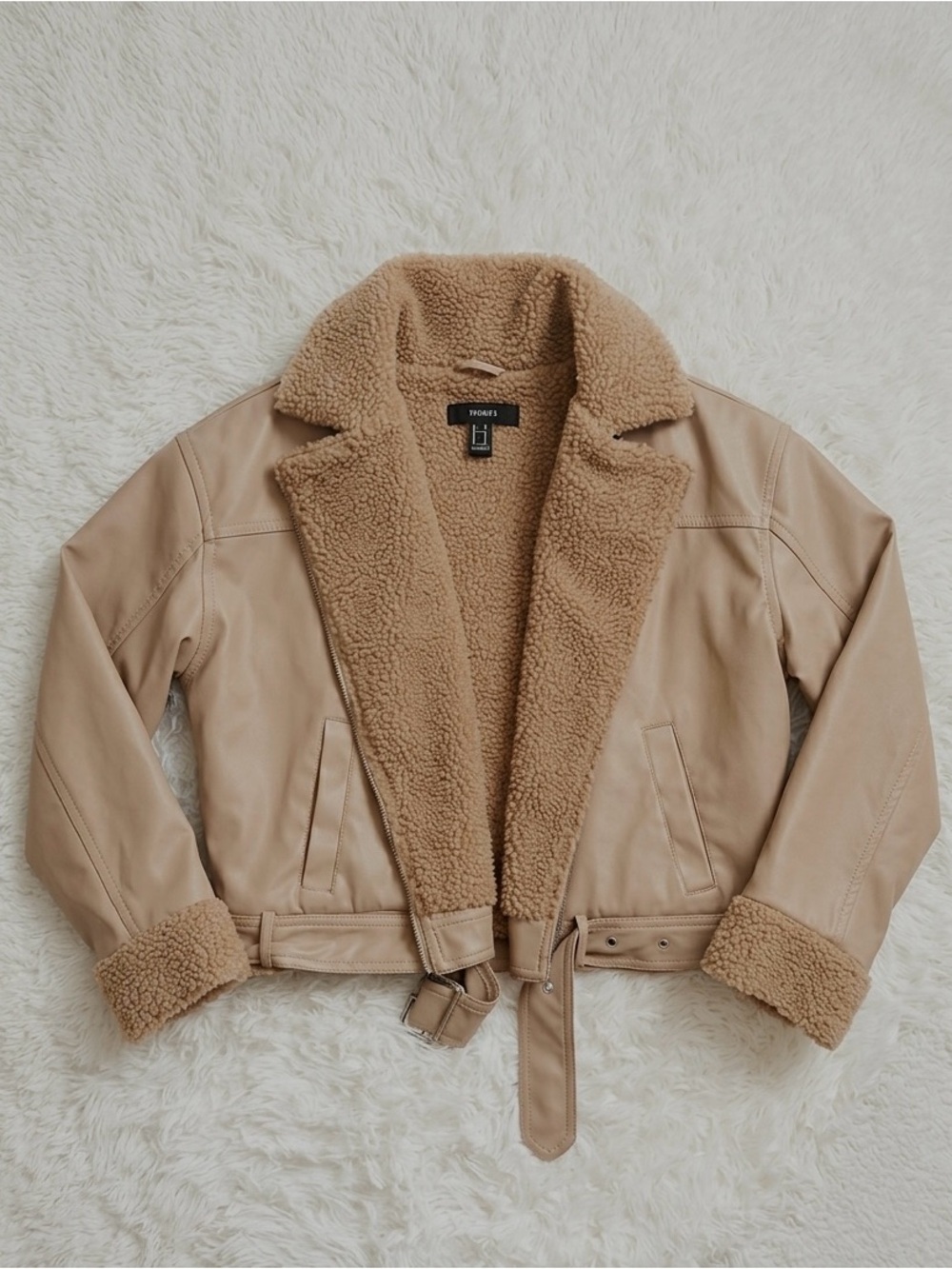 Forever 21 Tan Faux Leather Teddy Jacket with Sherpa Trim